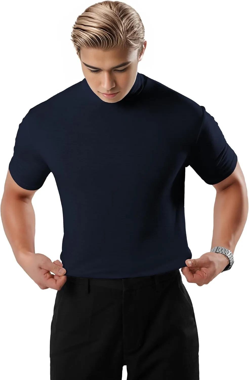 Ohoo Mens Short Sleeve Mock Turtleneck Basic Tops Lightweight Slim Fit Pullover Sweater