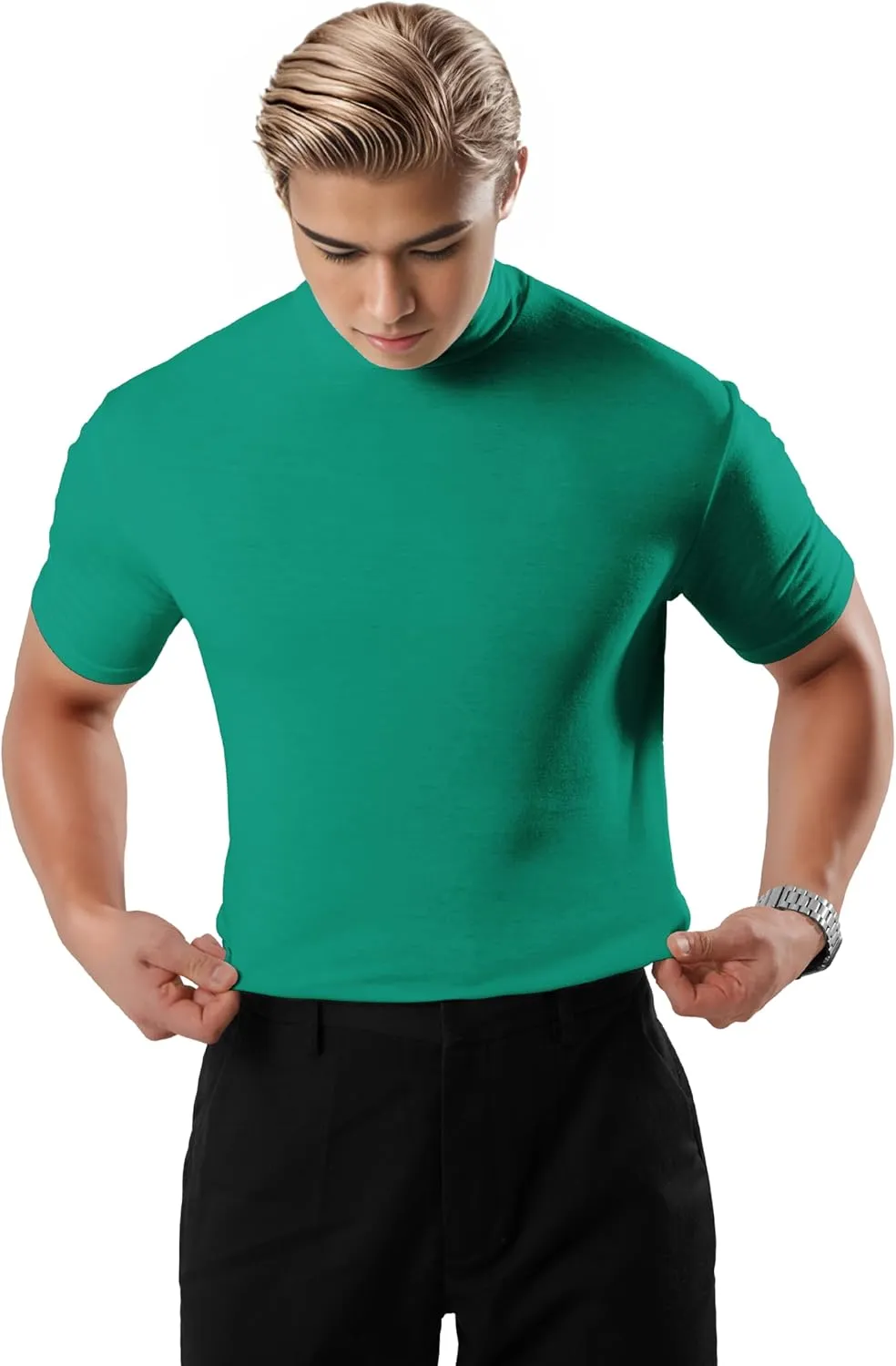 Ohoo Mens Short Sleeve Mock Turtleneck Basic Tops Lightweight Slim Fit Pullover Sweater