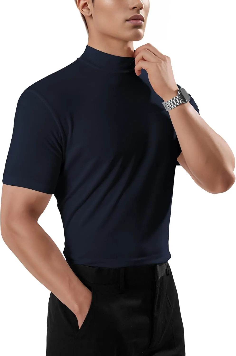 Ohoo Mens Short Sleeve Mock Turtleneck Basic Tops Lightweight Slim Fit Pullover Sweater