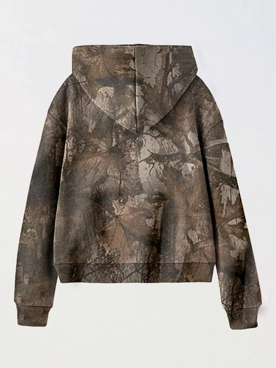 OLAPTA Women Camo Hoodies Oversized Maple Leaf Print Graphic Zip Up Long Sleeve Fleece Casual Hooded Sweatshirt with Pocket