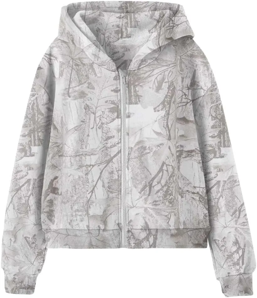 OLAPTA Women Camo Hoodies Oversized Maple Leaf Print Graphic Zip Up Long Sleeve Fleece Casual Hooded Sweatshirt with Pocket