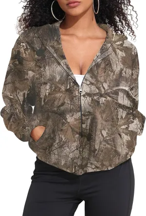 OLAPTA Women Camo Hoodies Oversized Maple Leaf Print Graphic Zip Up Long Sleeve Fleece Casual Hooded Sweatshirt with Pocket