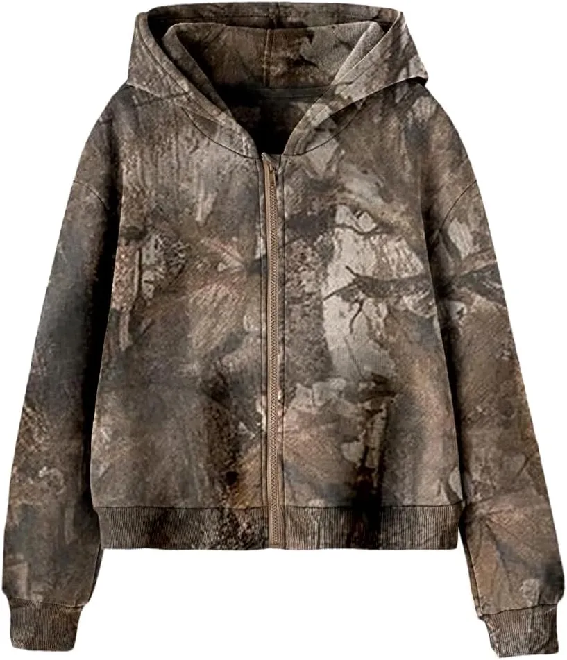 OLAPTA Women Camo Hoodies Oversized Maple Leaf Print Graphic Zip Up Long Sleeve Fleece Casual Hooded Sweatshirt with Pocket