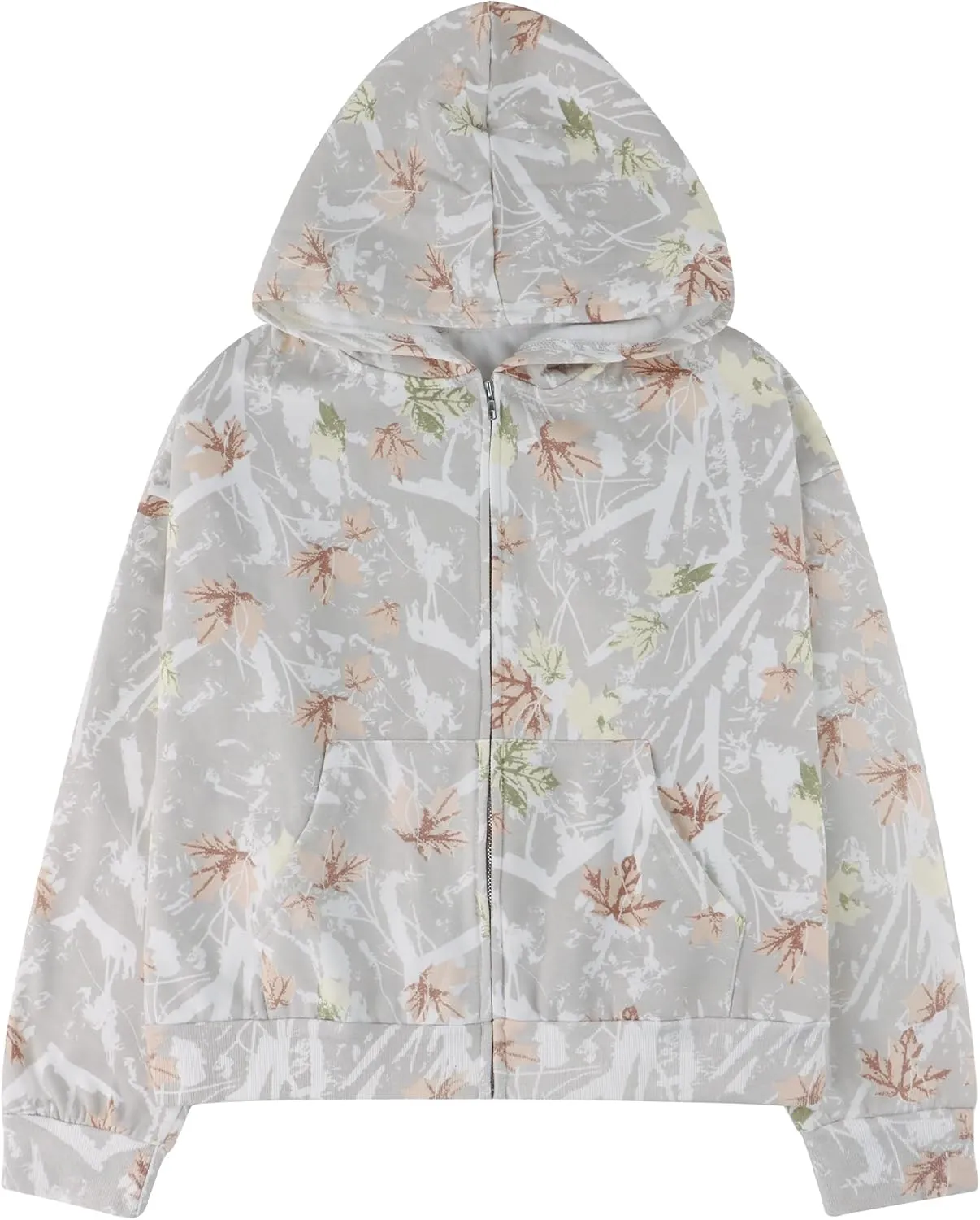 OLAPTA Women Camo Hoodies Oversized Maple Leaf Print Graphic Zip Up Long Sleeve Fleece Casual Hooded Sweatshirt with Pocket
