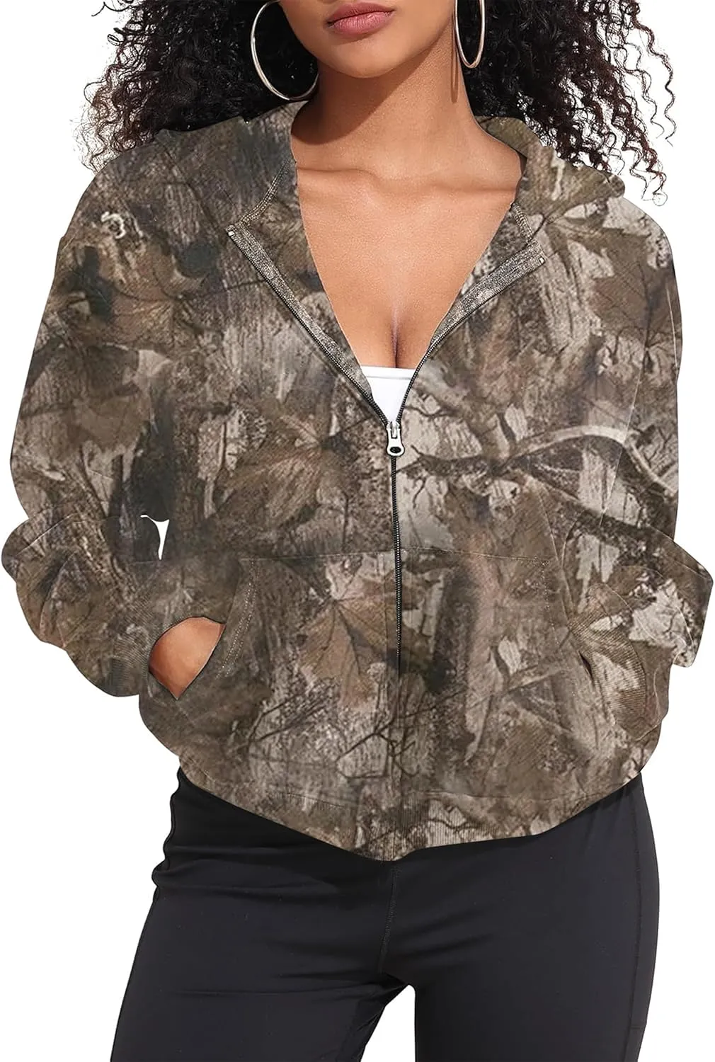 OLAPTA Women Camo Hoodies Oversized Maple Leaf Print Graphic Zip Up Long Sleeve Fleece Casual Hooded Sweatshirt with Pocket