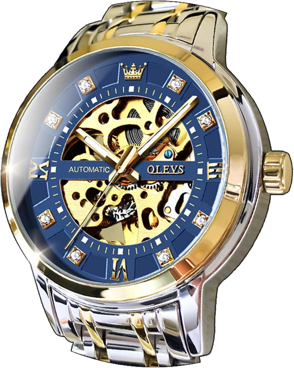 OLEVS Mens Gold Skeleton Watch Automatic Mechanical self Winding Luxury Dress Stainless Steel Waterproof Luminous Wrist Watches