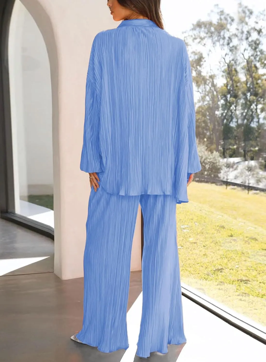 ONIRIKE Womens Loungewear Set 2 Piece Sweatsuits Outfits Casual Pleated Long Sleeve Button Down Shirt and Palazzo Pants
