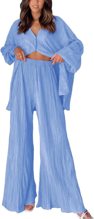 ONIRIKE Womens Loungewear Set 2 Piece Sweatsuits Outfits Casual Pleated Long Sleeve Button Down Shirt and Palazzo Pants