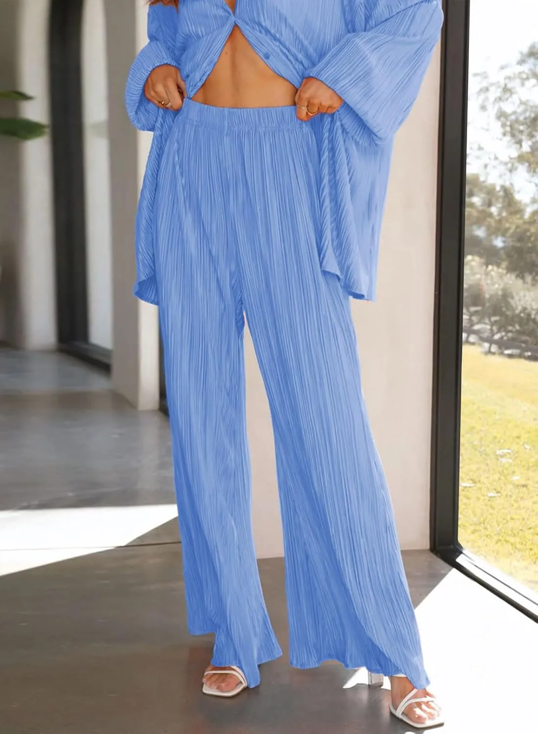 ONIRIKE Womens Loungewear Set 2 Piece Sweatsuits Outfits Casual Pleated Long Sleeve Button Down Shirt and Palazzo Pants