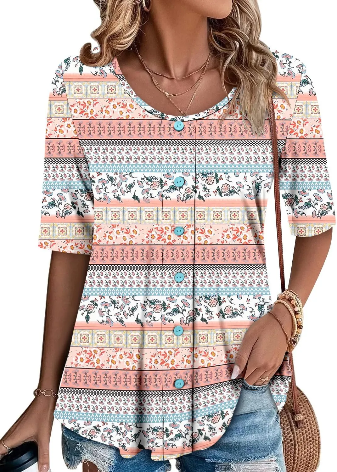 ONLYSHE Womens Shirts Cute Summer Lightweight Tops Short Sleeve Casual Swing Blouse