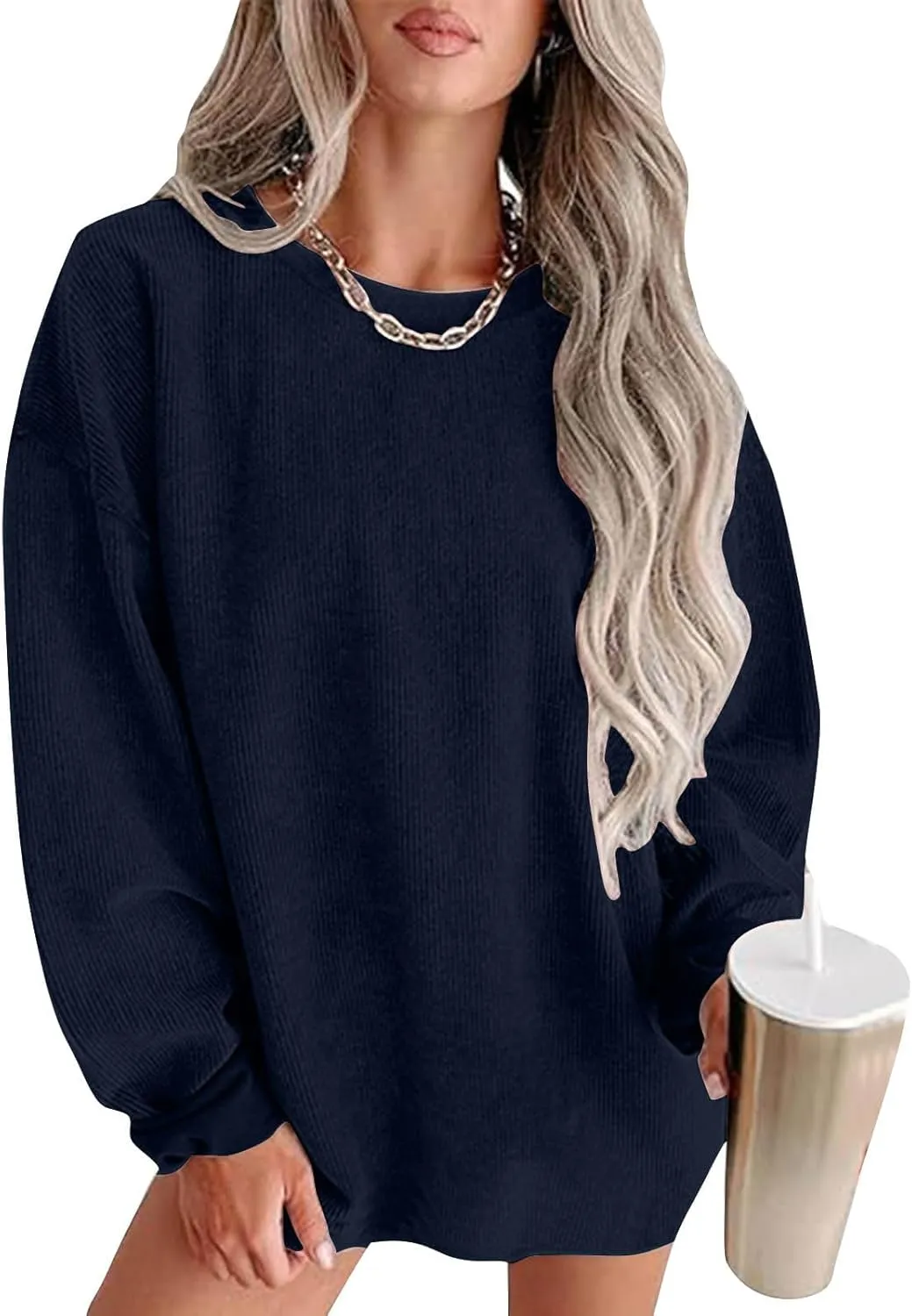 Oversized Crew Neck Sweatshirt Women 2024 Casual Loose Long Sleeve Corduroy Pullover Tops Fall Fashion Outfits Trendy