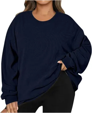 Oversized Crew Neck Sweatshirt Women 2024 Casual Loose Long Sleeve Corduroy Pullover Tops Fall Fashion Outfits Trendy