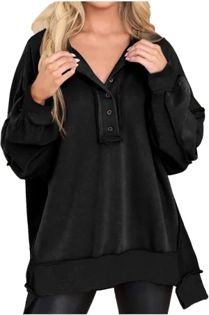 Oversized Women Sweatshirt Button Collared Casual Hoodies Soild Lightweight Pullover Tops Fall Fashion Clothes