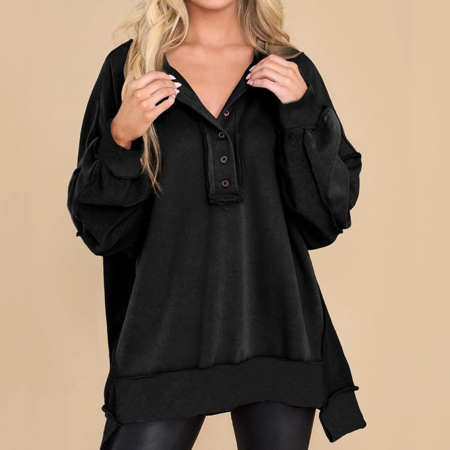 Oversized Women Sweatshirt Button Collared Casual Hoodies Soild Lightweight Pullover Tops Fall Fashion Clothes