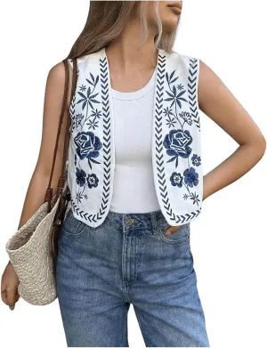 OYOANGLE Women's Floral Embroidery Boho Vests Colorblock Vest Tops Open Front Vintage Waistcoat
