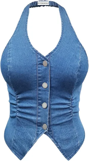 OYOANGLE Women's Plus Size Button Front Halter Denim Vest Tops Sleeveless Slit Hem Ruched Jean Tank Top