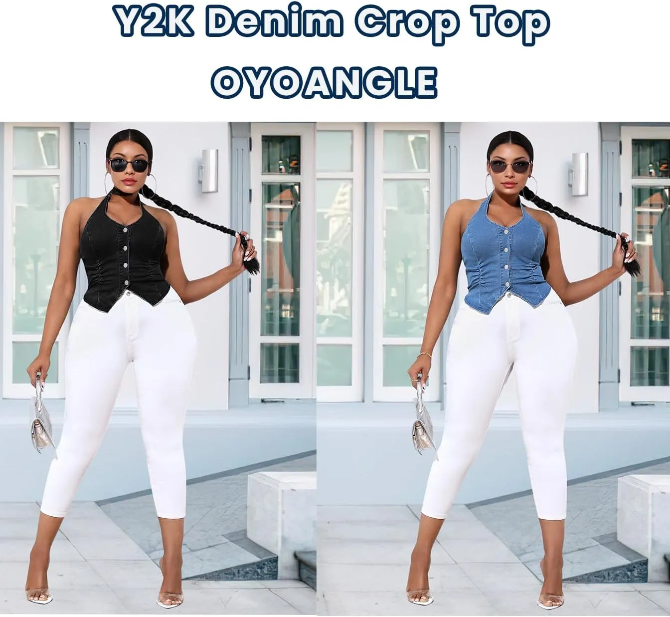 OYOANGLE Women's Plus Size Button Front Halter Denim Vest Tops Sleeveless Slit Hem Ruched Jean Tank Top