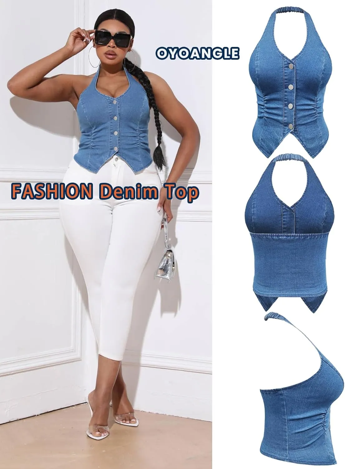 OYOANGLE Women's Plus Size Button Front Halter Denim Vest Tops Sleeveless Slit Hem Ruched Jean Tank Top