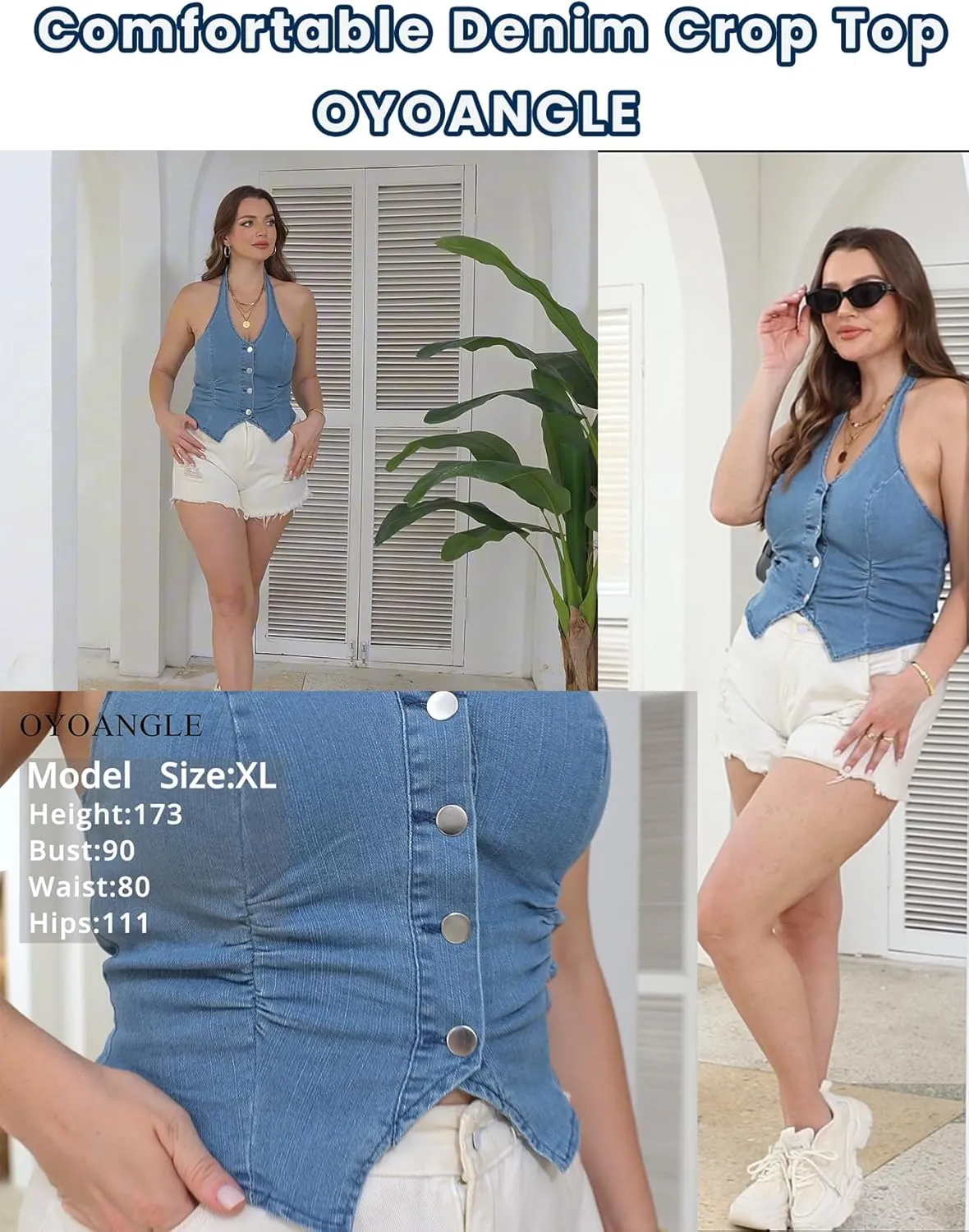 OYOANGLE Women's Plus Size Button Front Halter Denim Vest Tops Sleeveless Slit Hem Ruched Jean Tank Top