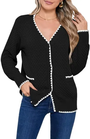 Pink Queen Women's Cropped Cardigan 2024 Long Sleeve V-Neck Button Down Knit Sweater Tops Open Front Lightweight