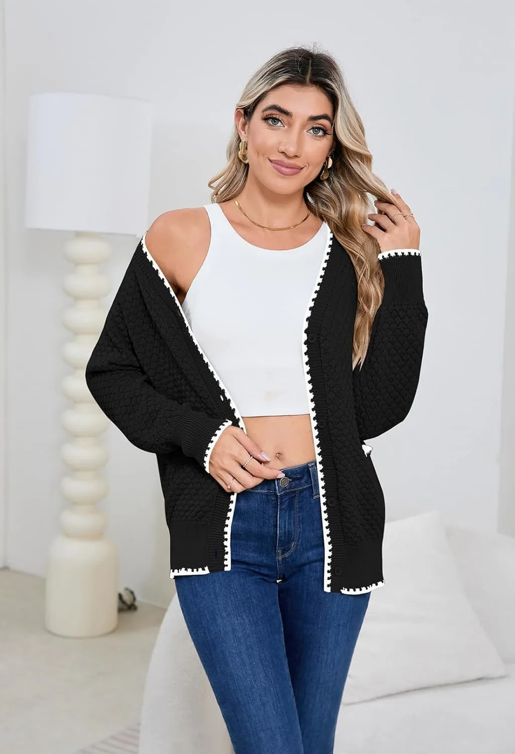 Pink Queen Women's Cropped Cardigan 2024 Long Sleeve V-Neck Button Down Knit Sweater Tops Open Front Lightweight