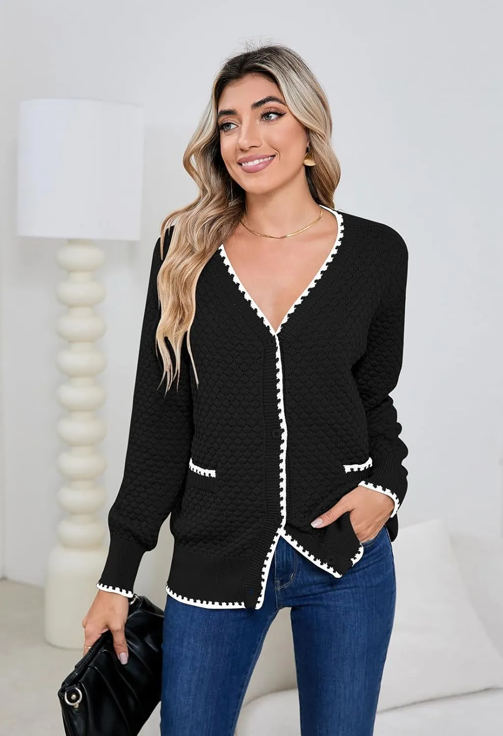 Pink Queen Women's Cropped Cardigan 2024 Long Sleeve V-Neck Button Down Knit Sweater Tops Open Front Lightweight