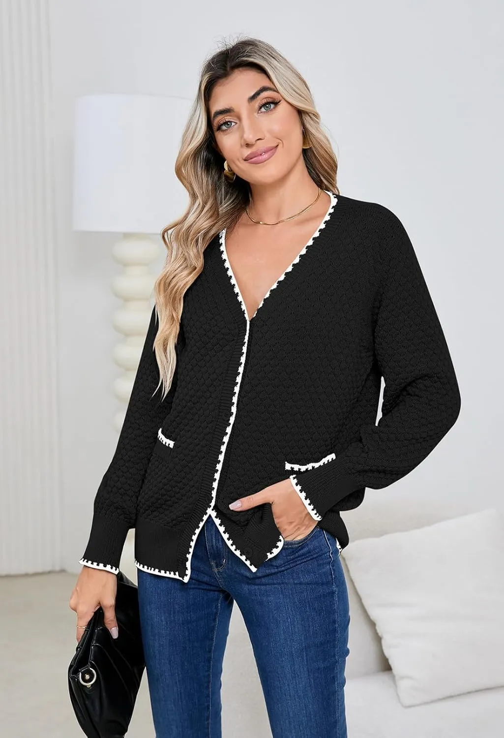 Pink Queen Women's Cropped Cardigan 2024 Long Sleeve V-Neck Button Down Knit Sweater Tops Open Front Lightweight