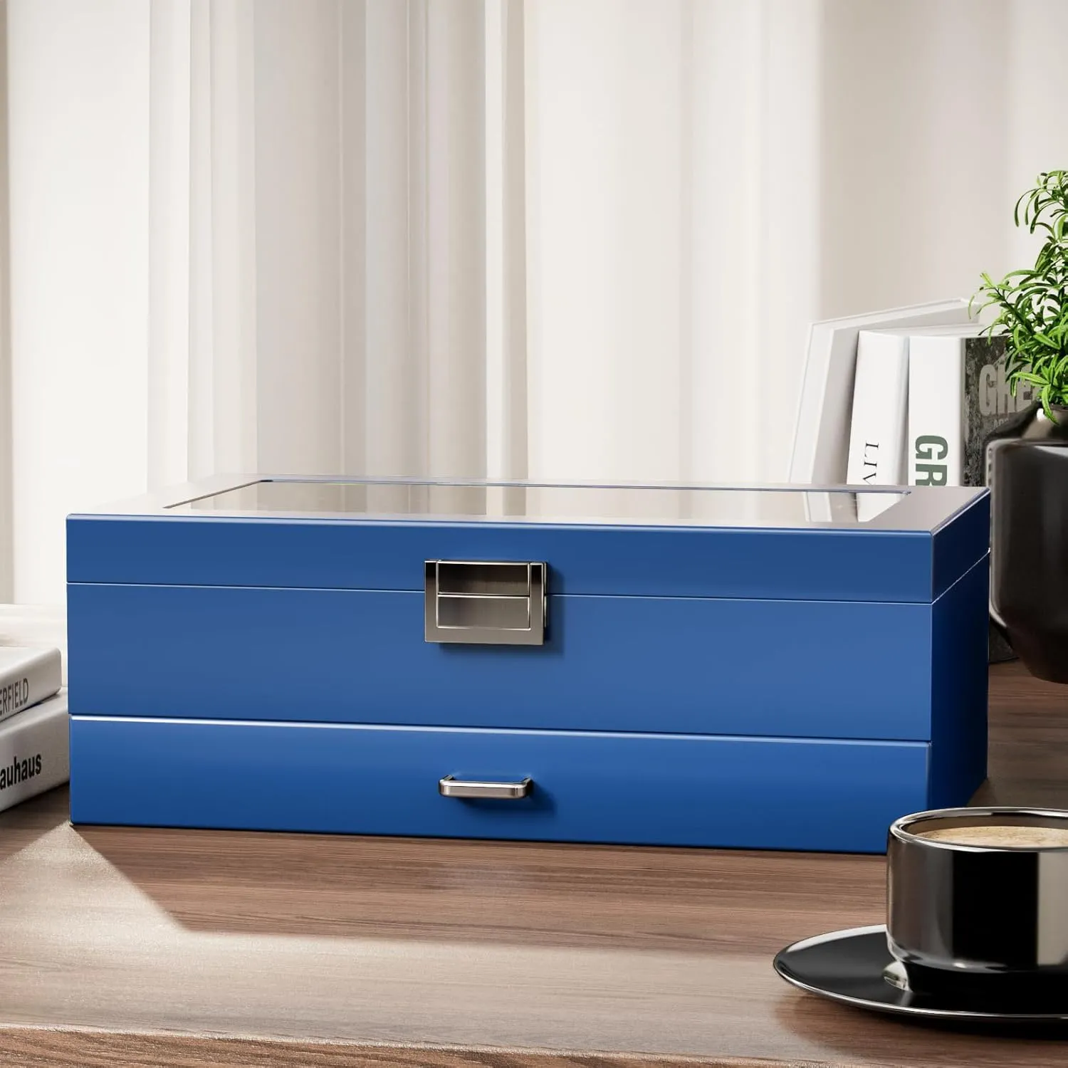 ProCase 6 Slots Lacquered Finish Wooden Men's Jewelry Box, Watch and Sunglasses Box Organizer for Men, 2-Tier Watch Holder Display Cases with Glass Top and Storage Drawer, Father's Day Gift -Blue