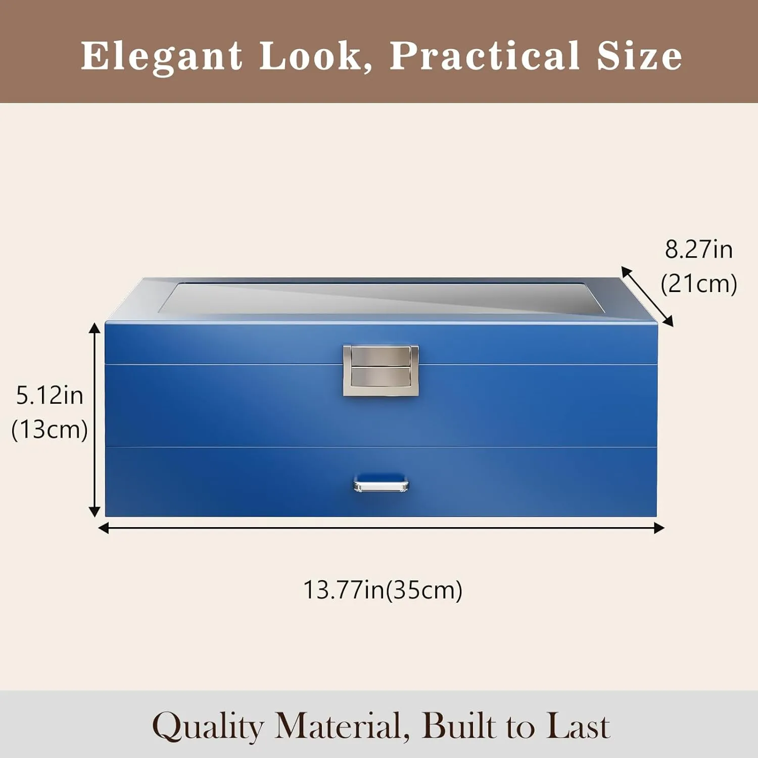 ProCase 6 Slots Lacquered Finish Wooden Men's Jewelry Box, Watch and Sunglasses Box Organizer for Men, 2-Tier Watch Holder Display Cases with Glass Top and Storage Drawer, Father's Day Gift -Blue
