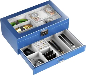 ProCase 6 Slots Lacquered Finish Wooden Men's Jewelry Box, Watch and Sunglasses Box Organizer for Men, 2-Tier Watch Holder Display Cases with Glass Top and Storage Drawer, Father's Day Gift -Blue