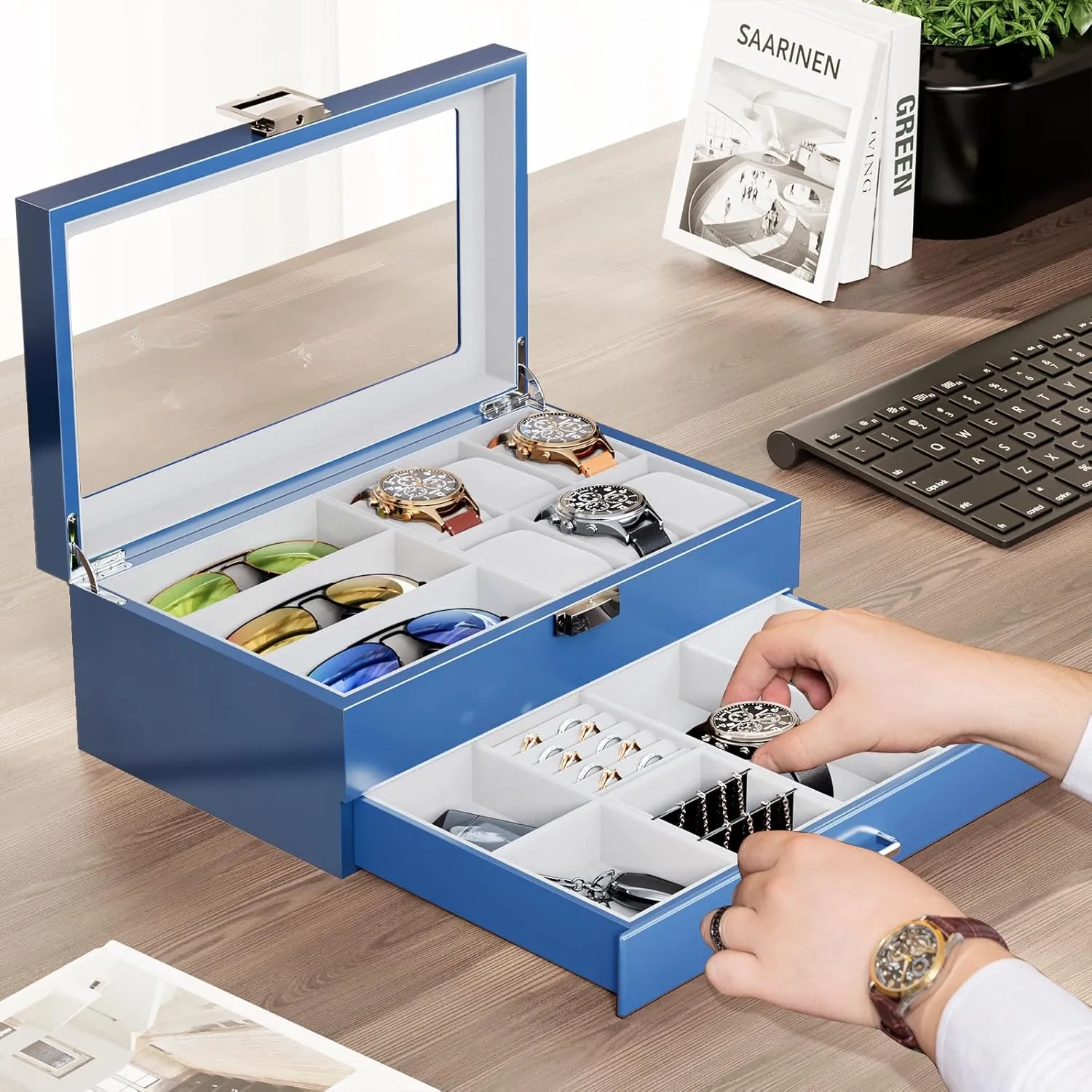 ProCase 6 Slots Lacquered Finish Wooden Men's Jewelry Box, Watch and Sunglasses Box Organizer for Men, 2-Tier Watch Holder Display Cases with Glass Top and Storage Drawer, Father's Day Gift -Blue