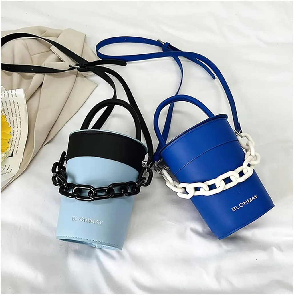 PU Leather Bucket Bag, Water Cup Tote, Acrylic Chain Shoulder Bag, Round Bucket Shoulder Bag Crossbody For Woman Girls