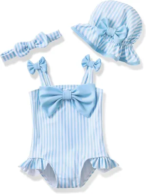 Renotemy Baby Girl Swimsuit Infant Bathing Suit Swimwear Sleeveless Bikini Tankini Toddler Girl One-Piece Swimsuit with Hat