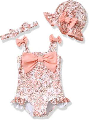 Renotemy Baby Girl Swimsuit Infant Bathing Suit Swimwear Sleeveless Bikini Tankini Toddler Girl One-Piece Swimsuit with Hat