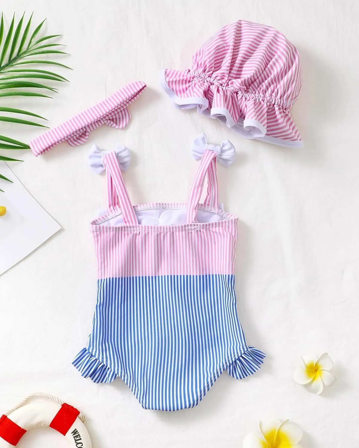 Renotemy Baby Girl Swimsuit Infant Bathing Suit Swimwear Sleeveless Bikini Tankini Toddler Girl One-Piece Swimsuit with Hat