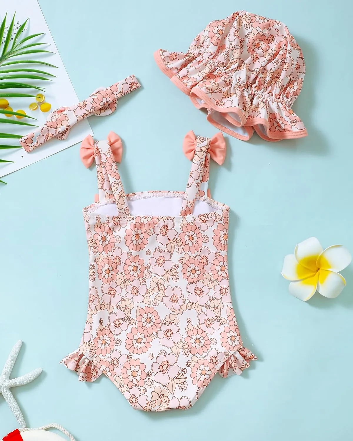 Renotemy Baby Girl Swimsuit Infant Bathing Suit Swimwear Sleeveless Bikini Tankini Toddler Girl One-Piece Swimsuit with Hat