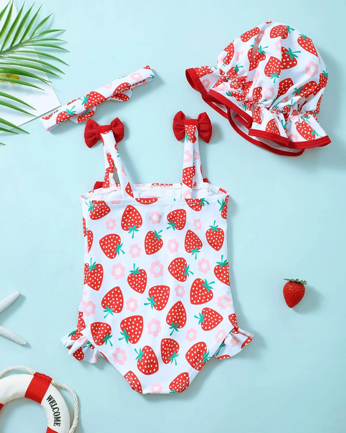 Renotemy Baby Girl Swimsuit Infant Bathing Suit Swimwear Sleeveless Bikini Tankini Toddler Girl One-Piece Swimsuit with Hat