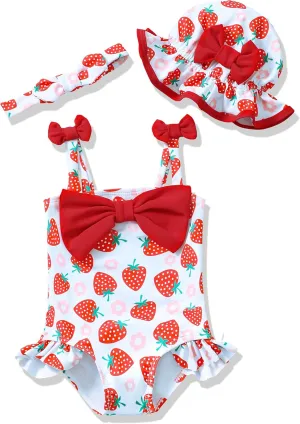 Renotemy Baby Girl Swimsuit Infant Bathing Suit Swimwear Sleeveless Bikini Tankini Toddler Girl One-Piece Swimsuit with Hat