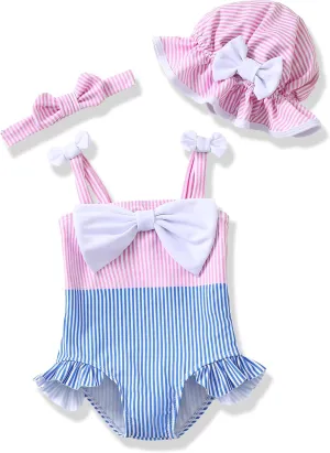 Renotemy Baby Girl Swimsuit Infant Bathing Suit Swimwear Sleeveless Bikini Tankini Toddler Girl One-Piece Swimsuit with Hat