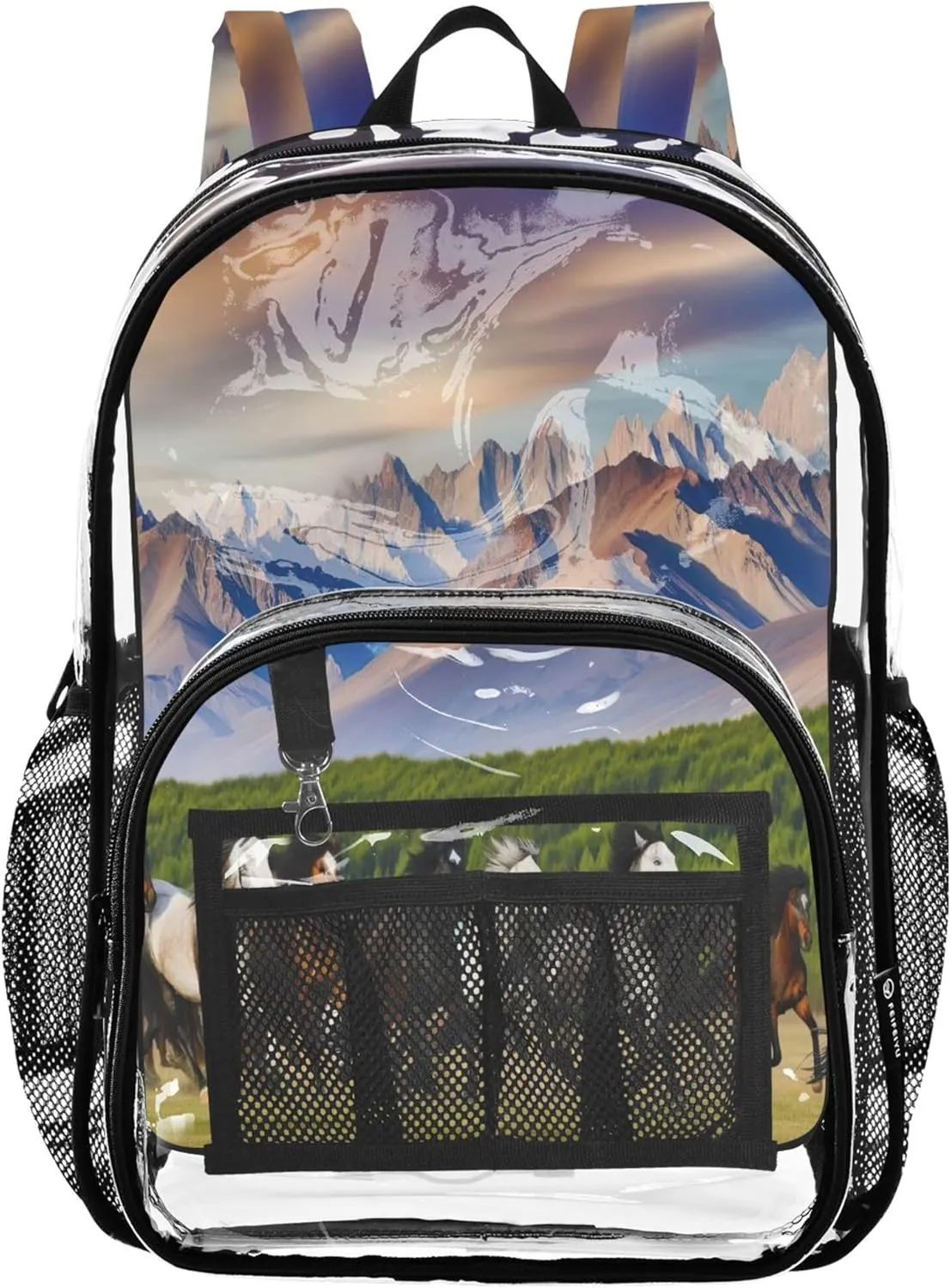 Running Horse Mountain Girl School Backpack, Clear Plastic Bag, See through Bag, Clear Backpacks