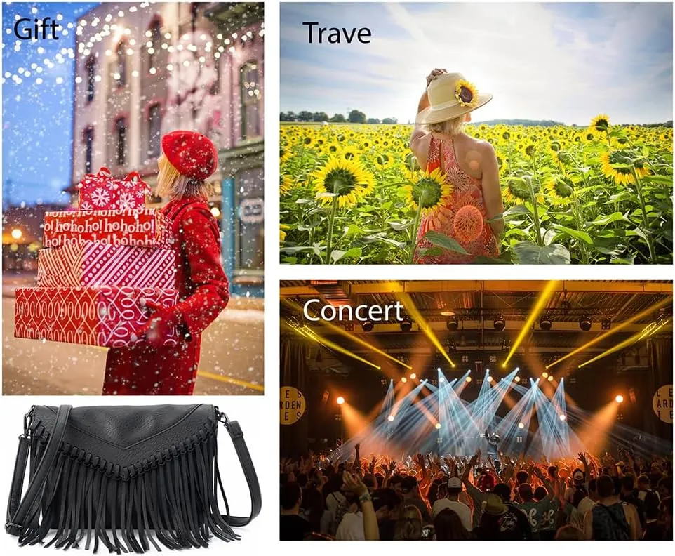Saddhu Fringe Crossbody Purse for Women Faux Leather Handbag Tassel Bohemian Cross Body Bag for Wedding Cocktail Party