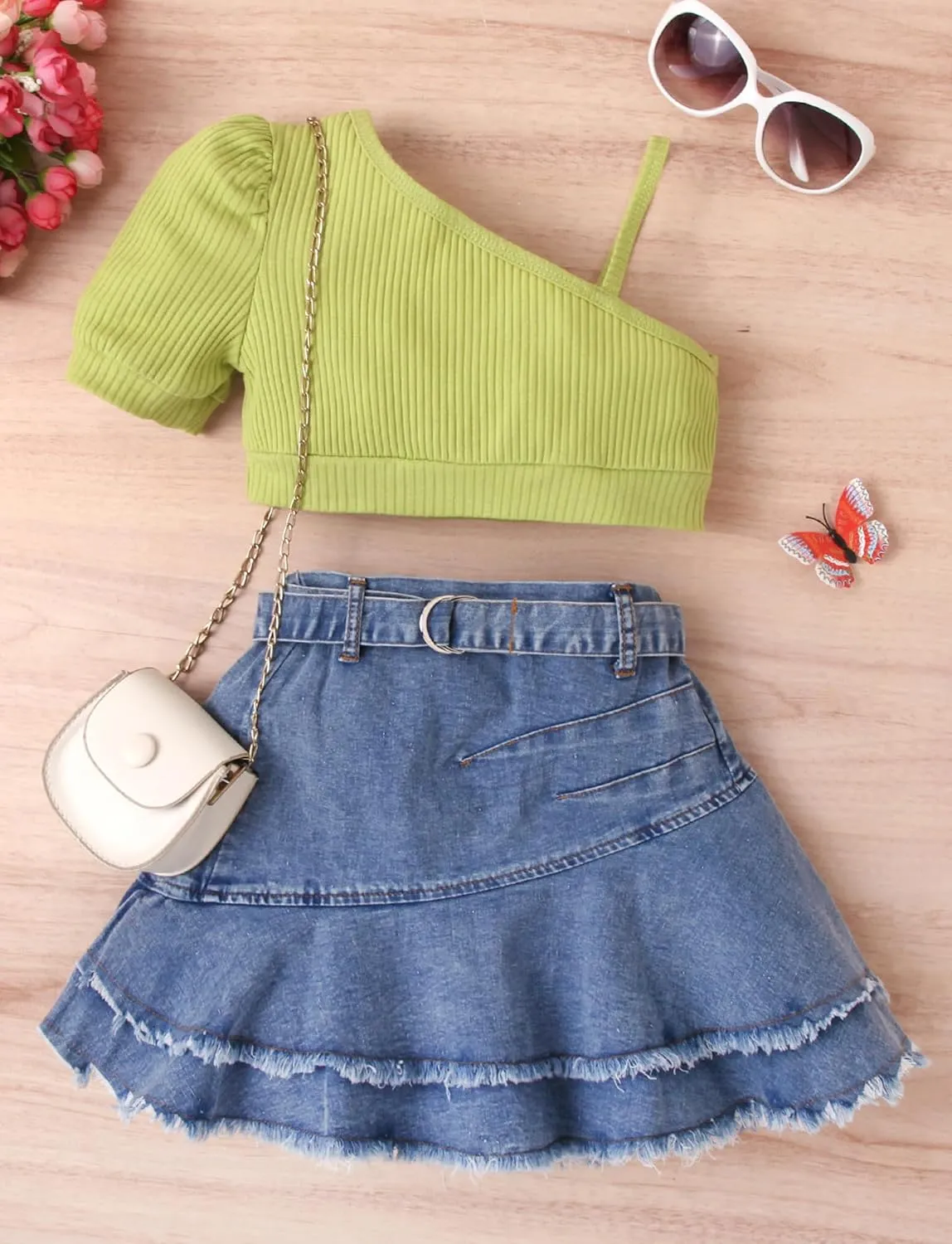 SEAUR Girls 2 Piece Outfit Summer One Shoulder Crop Tops and Denim Pleated Skirts Set