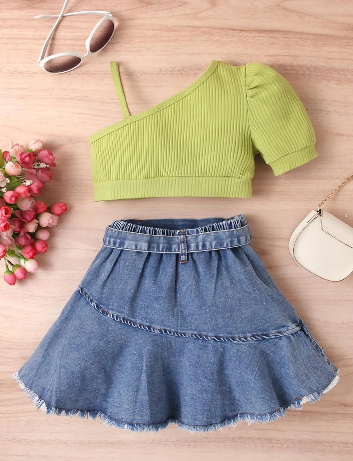 SEAUR Girls 2 Piece Outfit Summer One Shoulder Crop Tops and Denim Pleated Skirts Set