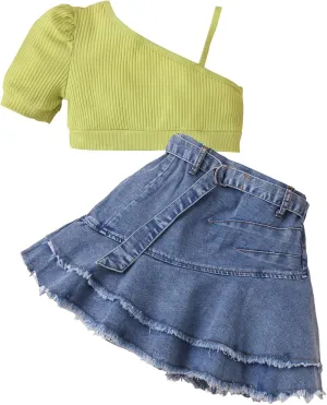 SEAUR Girls 2 Piece Outfit Summer One Shoulder Crop Tops and Denim Pleated Skirts Set