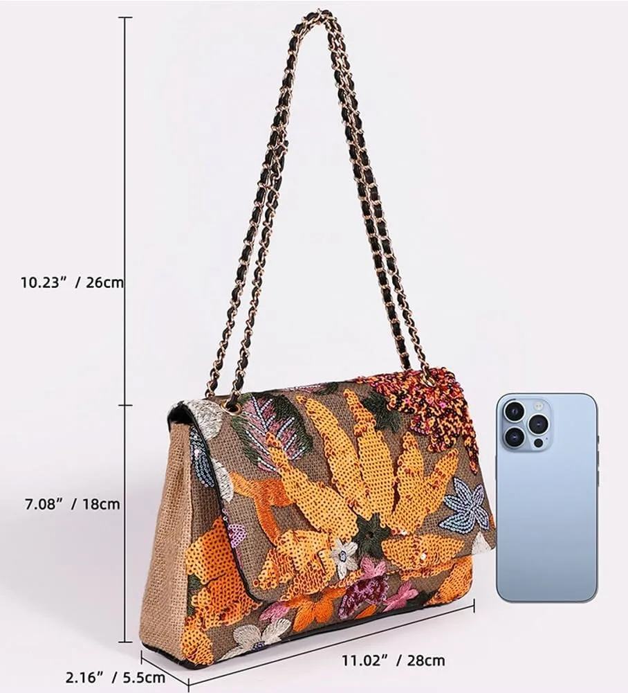 Sequin Embroidered Floral Straw Purse Bohemian Summer Shoulder Bag for Vacation Travel Knit Mini Crossbody Bag 2025
