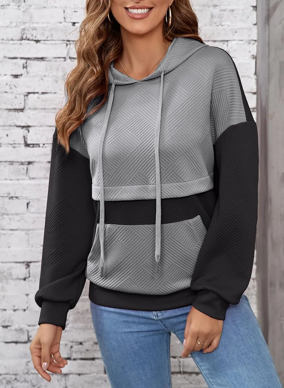 SHEWIN Women's Hoodies Casual Long Sleeve Textured Pullover Tops Loose Drawstring Sweatshirt with Pocket