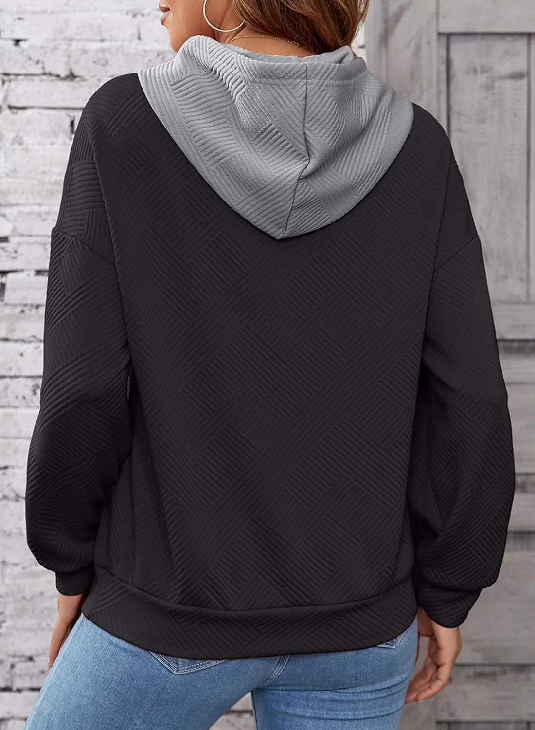 SHEWIN Women's Hoodies Casual Long Sleeve Textured Pullover Tops Loose Drawstring Sweatshirt with Pocket