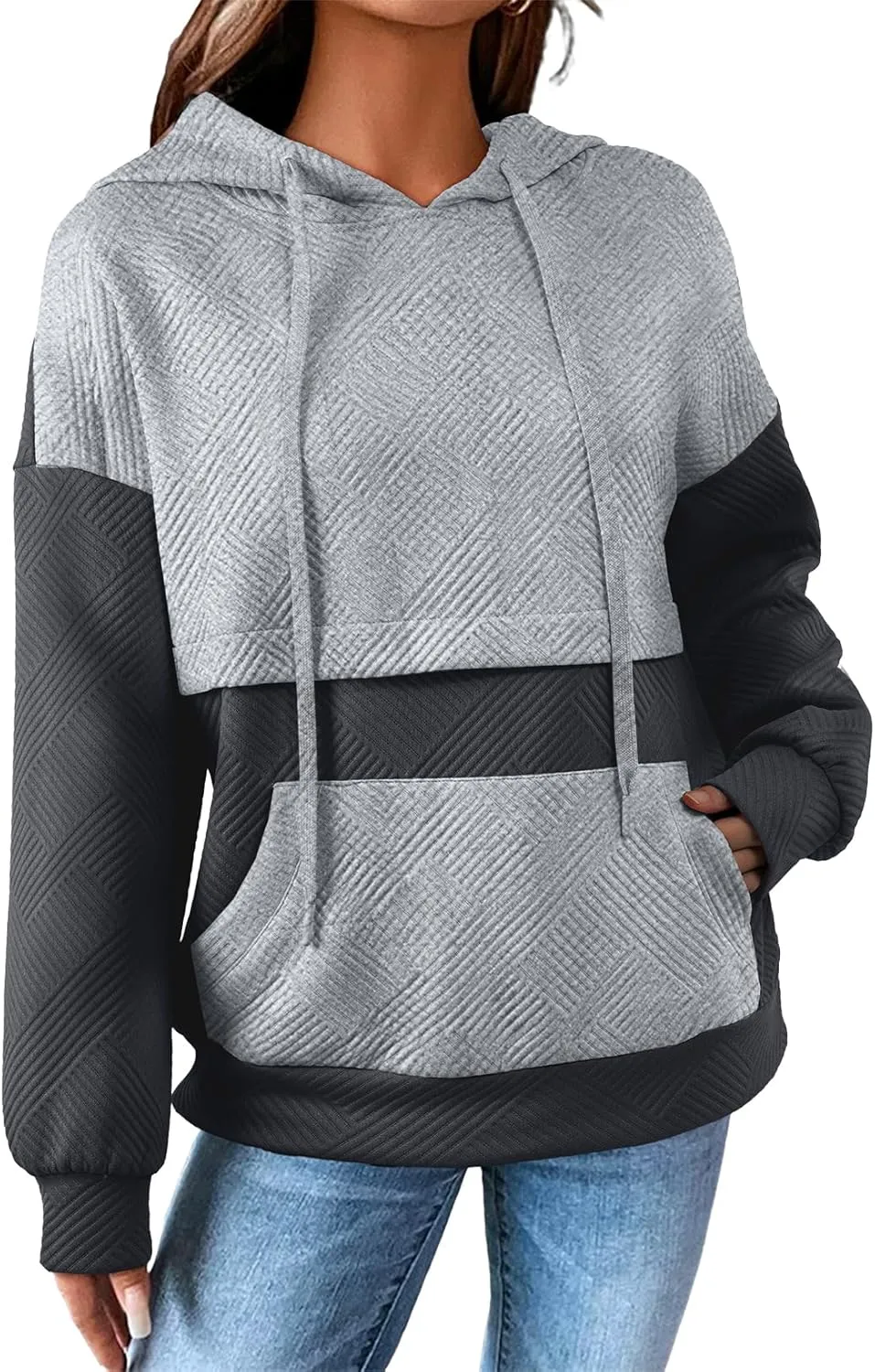 SHEWIN Women's Hoodies Casual Long Sleeve Textured Pullover Tops Loose Drawstring Sweatshirt with Pocket