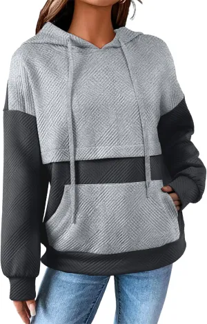 SHEWIN Women's Hoodies Casual Long Sleeve Textured Pullover Tops Loose Drawstring Sweatshirt with Pocket