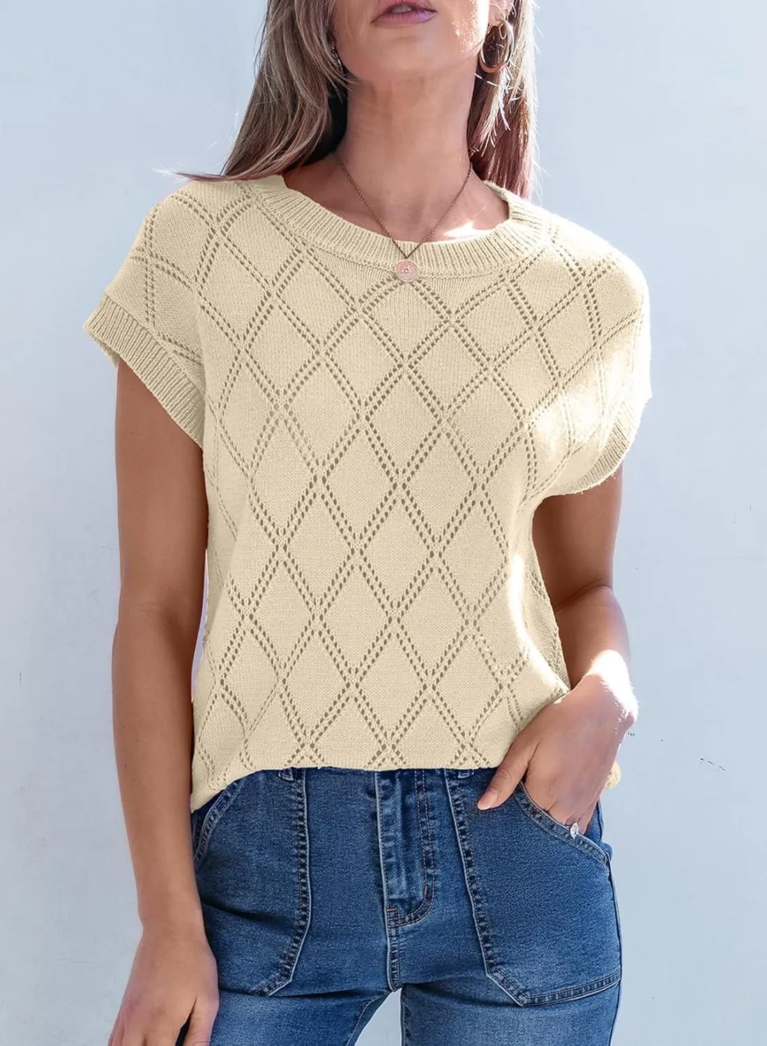 SHEWIN Womens Summer Tops Casual Crewneck Short Sleeve Shirts Cable Knit Lightweight Loose Pullover Sweater